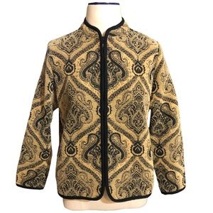 STUDIO WORKS PETITE Tan & Black Paisley Tapestry Jacket Mandarin Collar VINTAGE